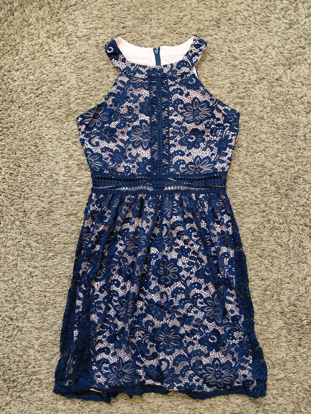 by & by Navy Lace Overlay Dress with Blush Lining